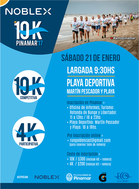 10K- Noblex- Pinamar -Sábado 21 de enero - 09.30 hs- Playa Deportiva (Martin Pescador y Playa)